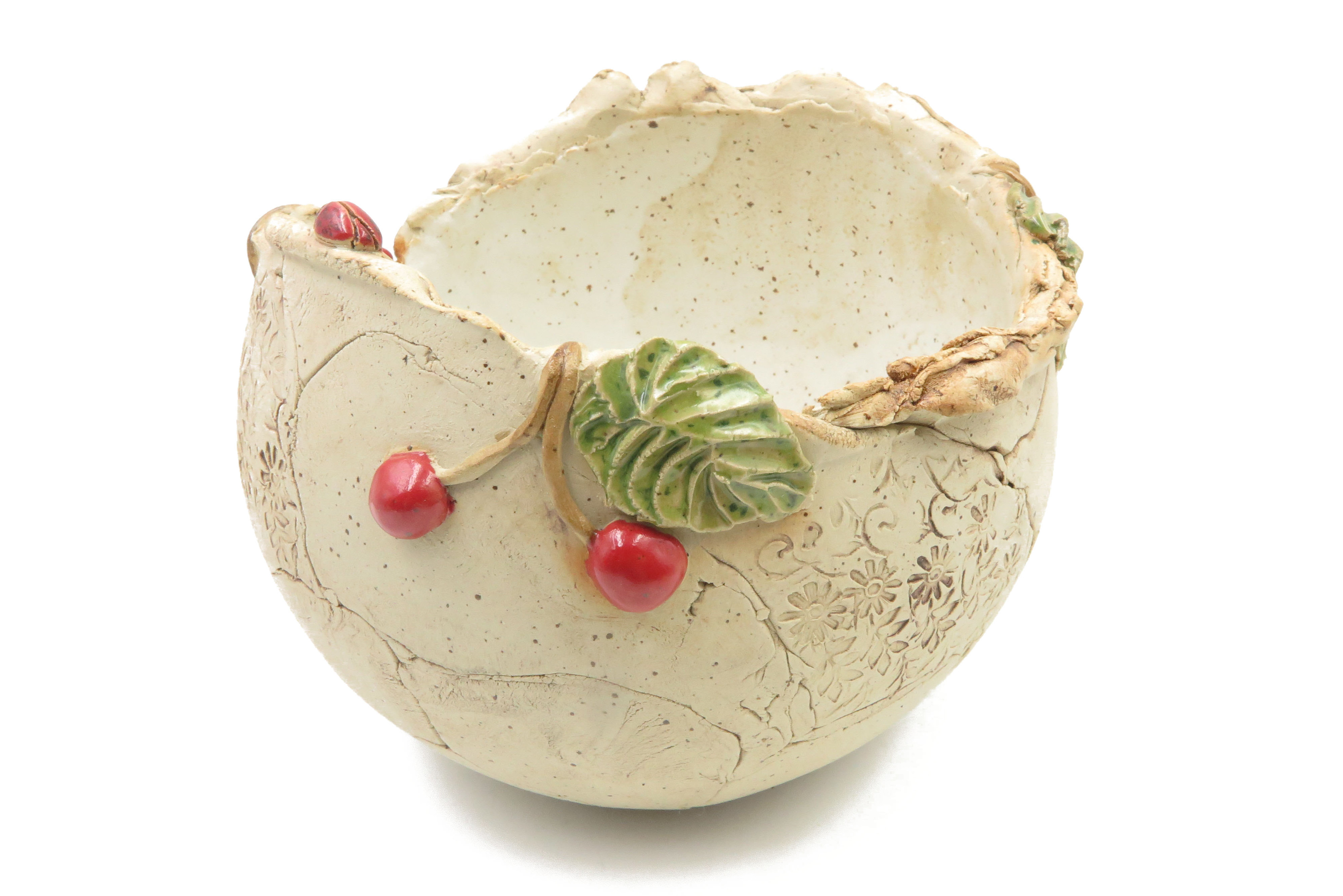 Premium-Keramik Übertopf Pflanzgefäß mit zuckersüßen Kirschen und Glückskäfern/ M 18cm