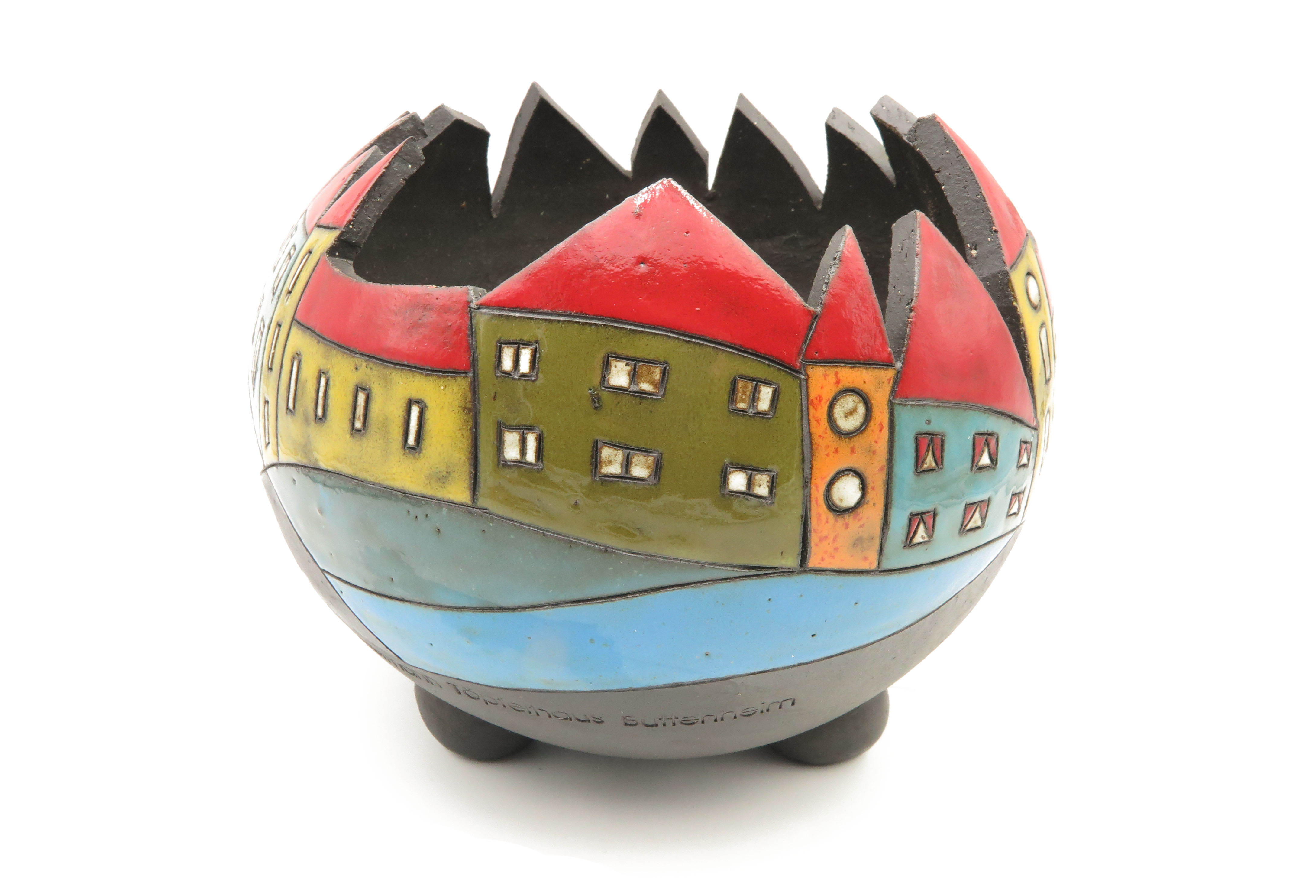 Premium-Keramik Pflanzgefäß Übertopf mit Häusermotiv Keramik/   24cm x 18cm
