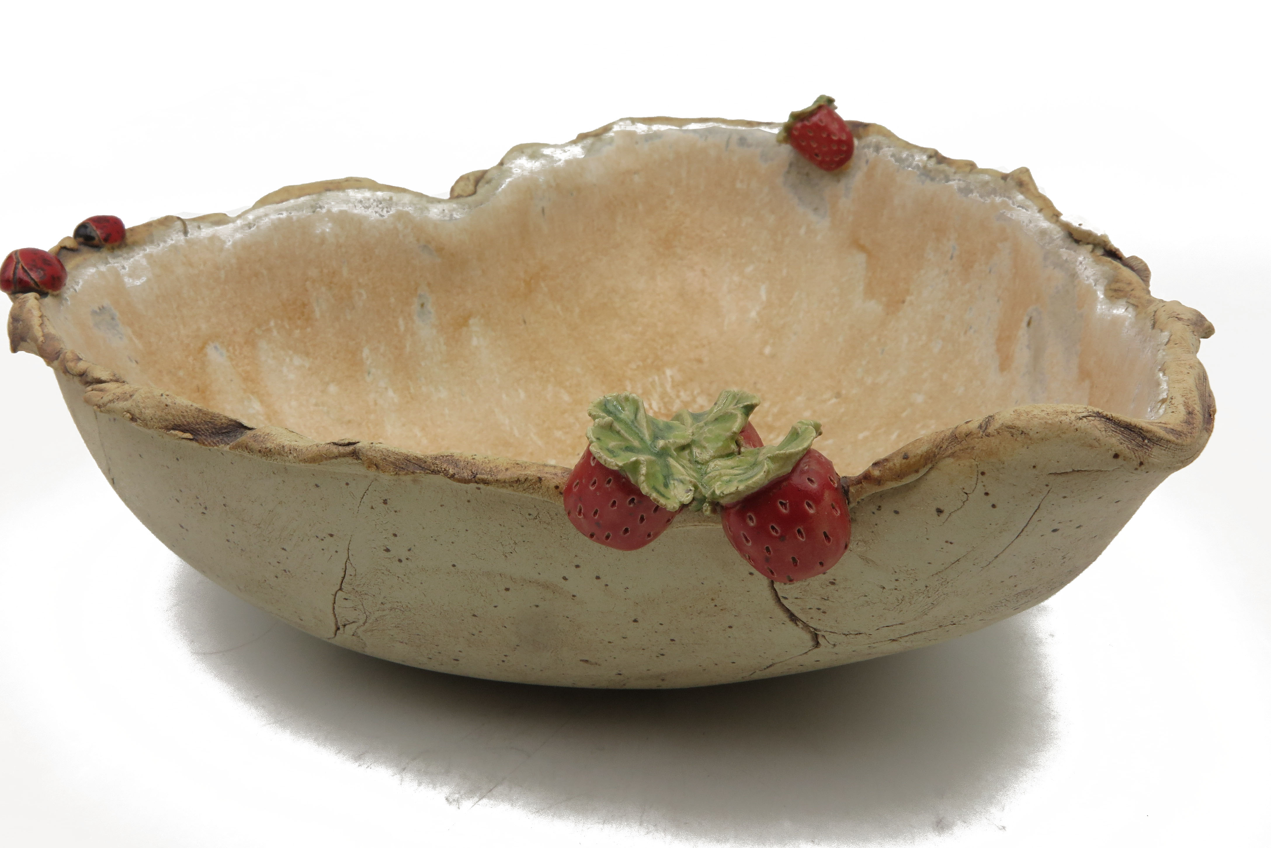 Premium-Keramik Herzschale Pflanzgefäß mit Erdbeeren und Glückskäfern/ L 26cm