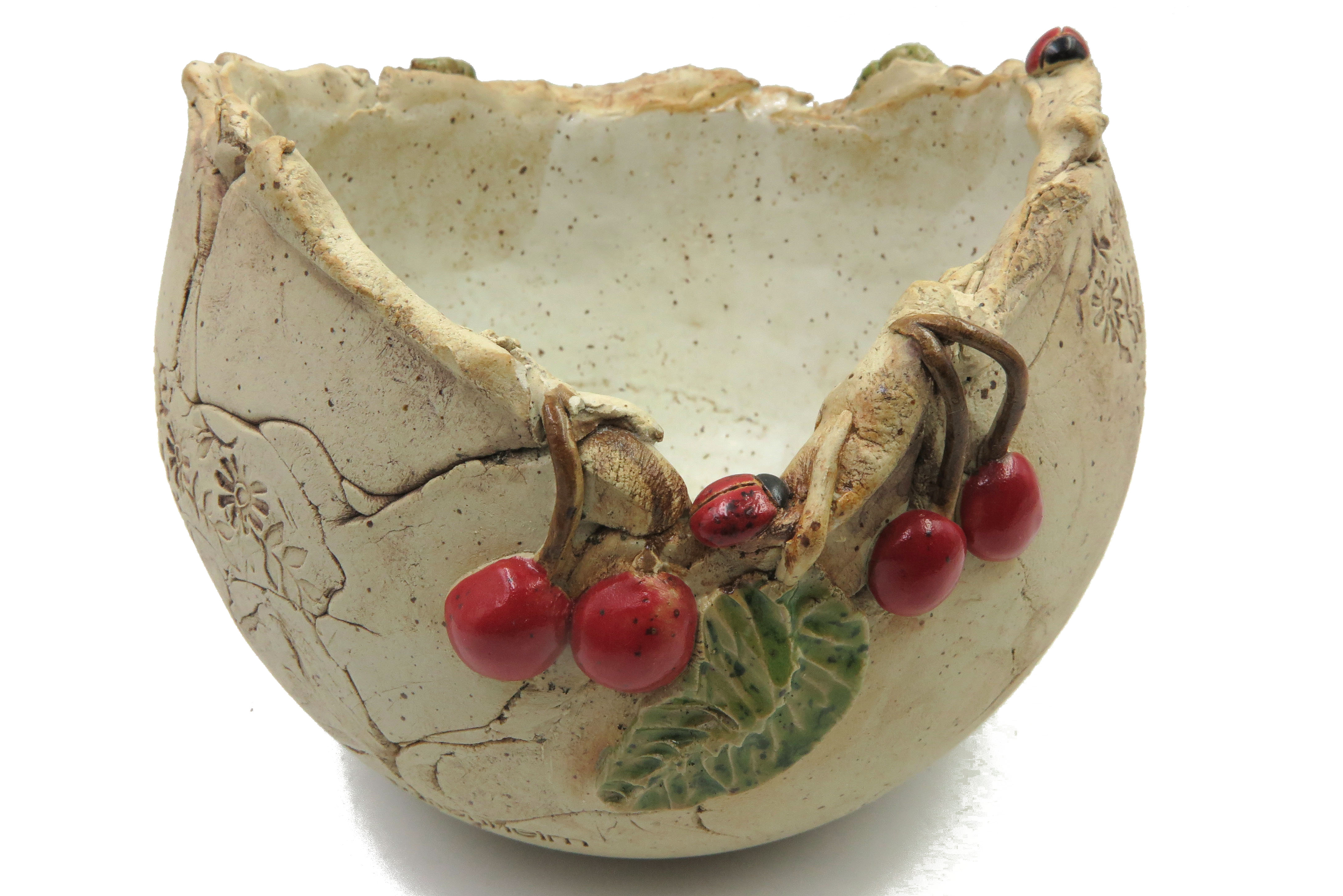 Premium-Keramik Übertopf Pflanzgefäß mit zuckersüßen Kirschen und Glückskäfern/ M 18cm