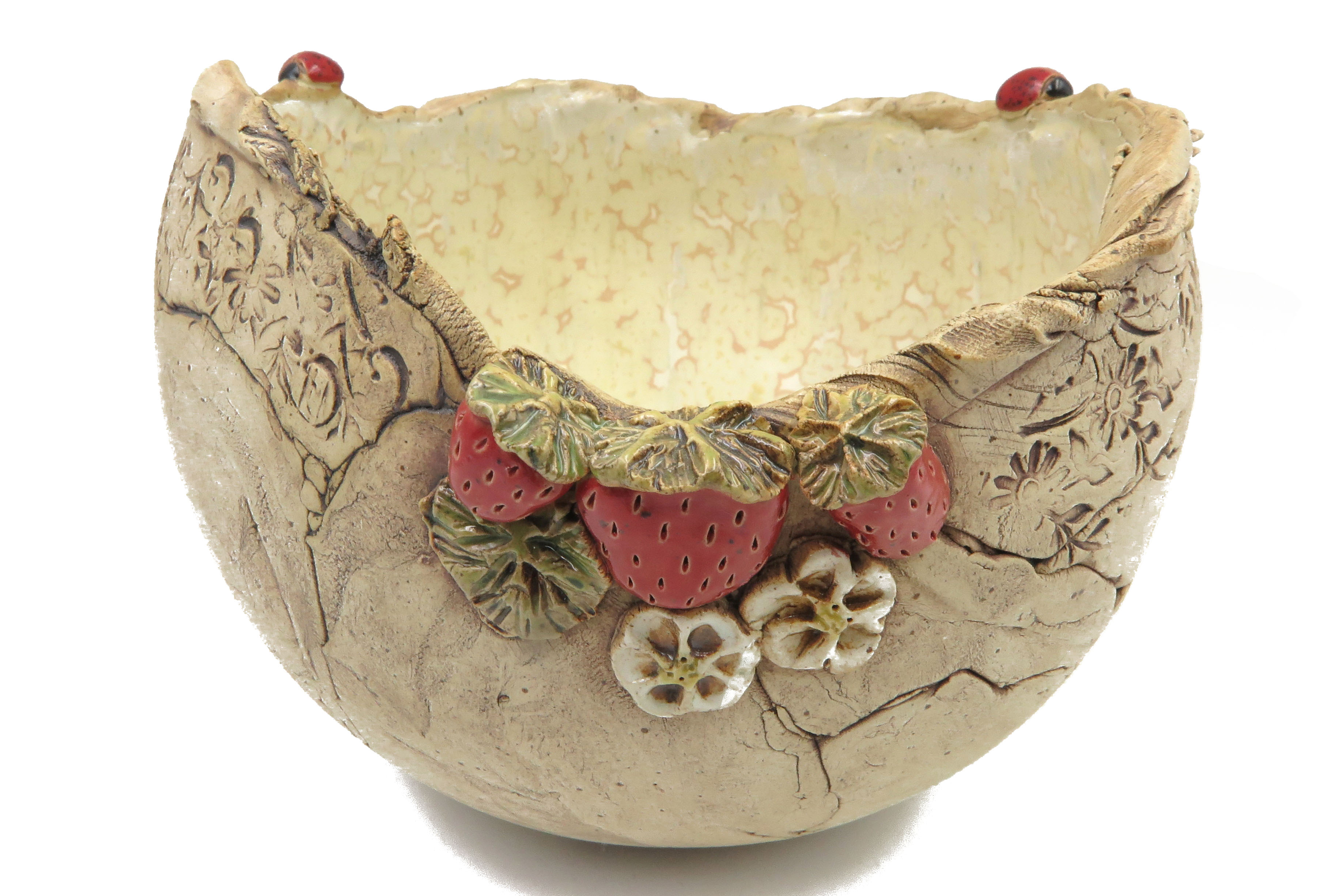 Premium-Keramik Übertopf Pflanzgefäß mit zuckersüßen Erdbeeren und Glückskäfern/ M 18cm