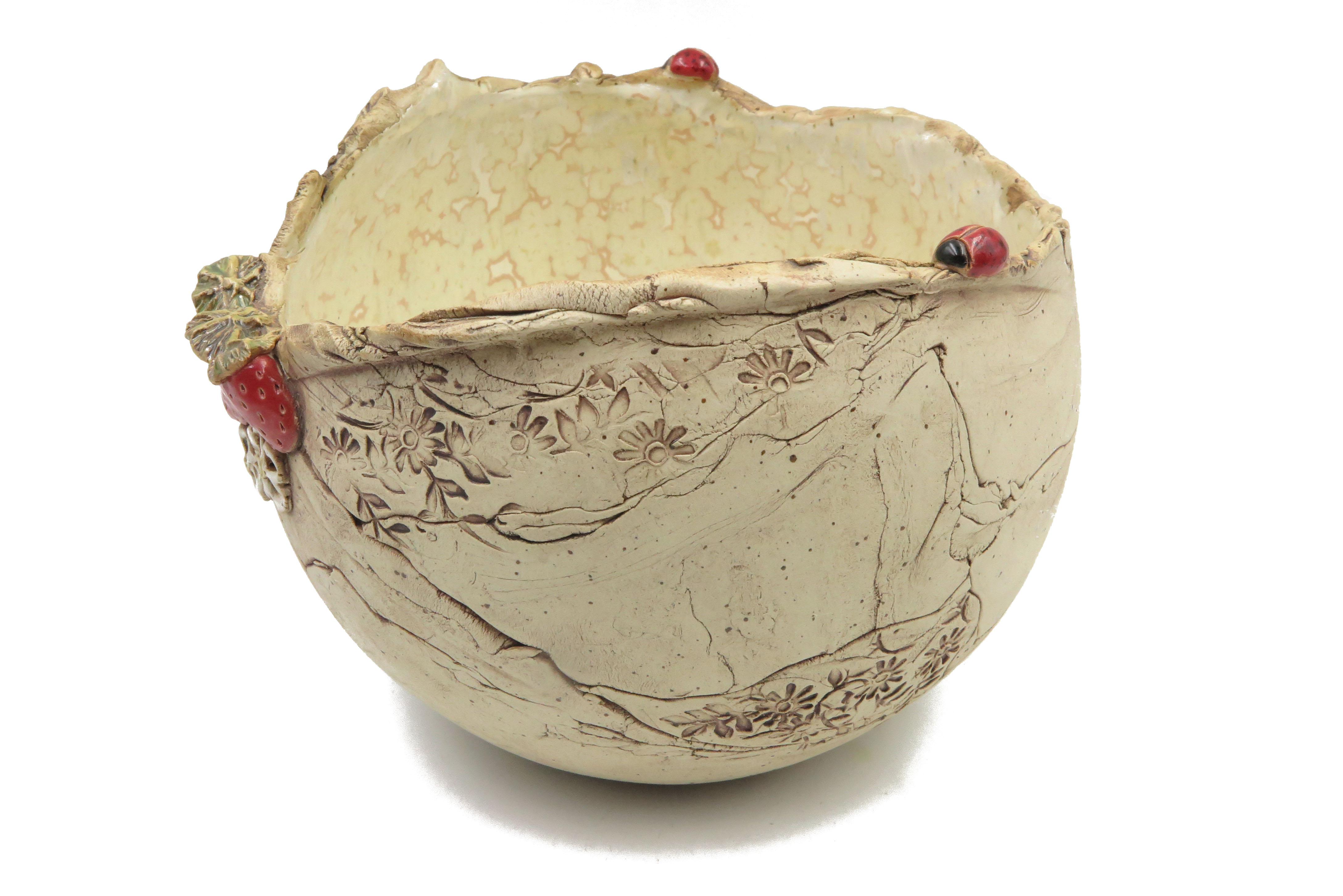 Premium-Keramik Übertopf Pflanzgefäß mit zuckersüßen Erdbeeren und Glückskäfern/ M 18cm