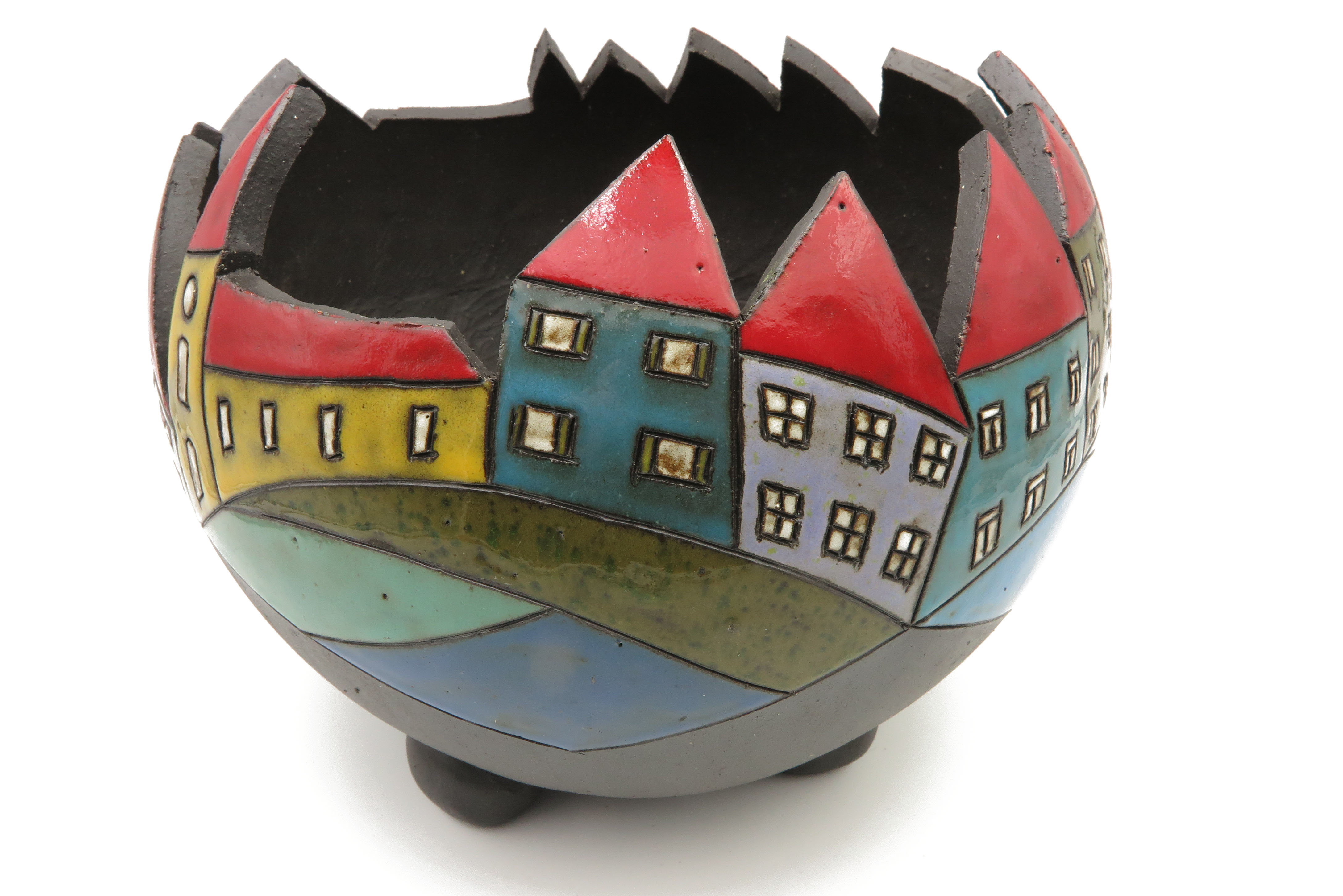 Premium-Keramik Pflanzgefäß Übertopf mit Häusermotiv Keramik/   24cm x 18cm